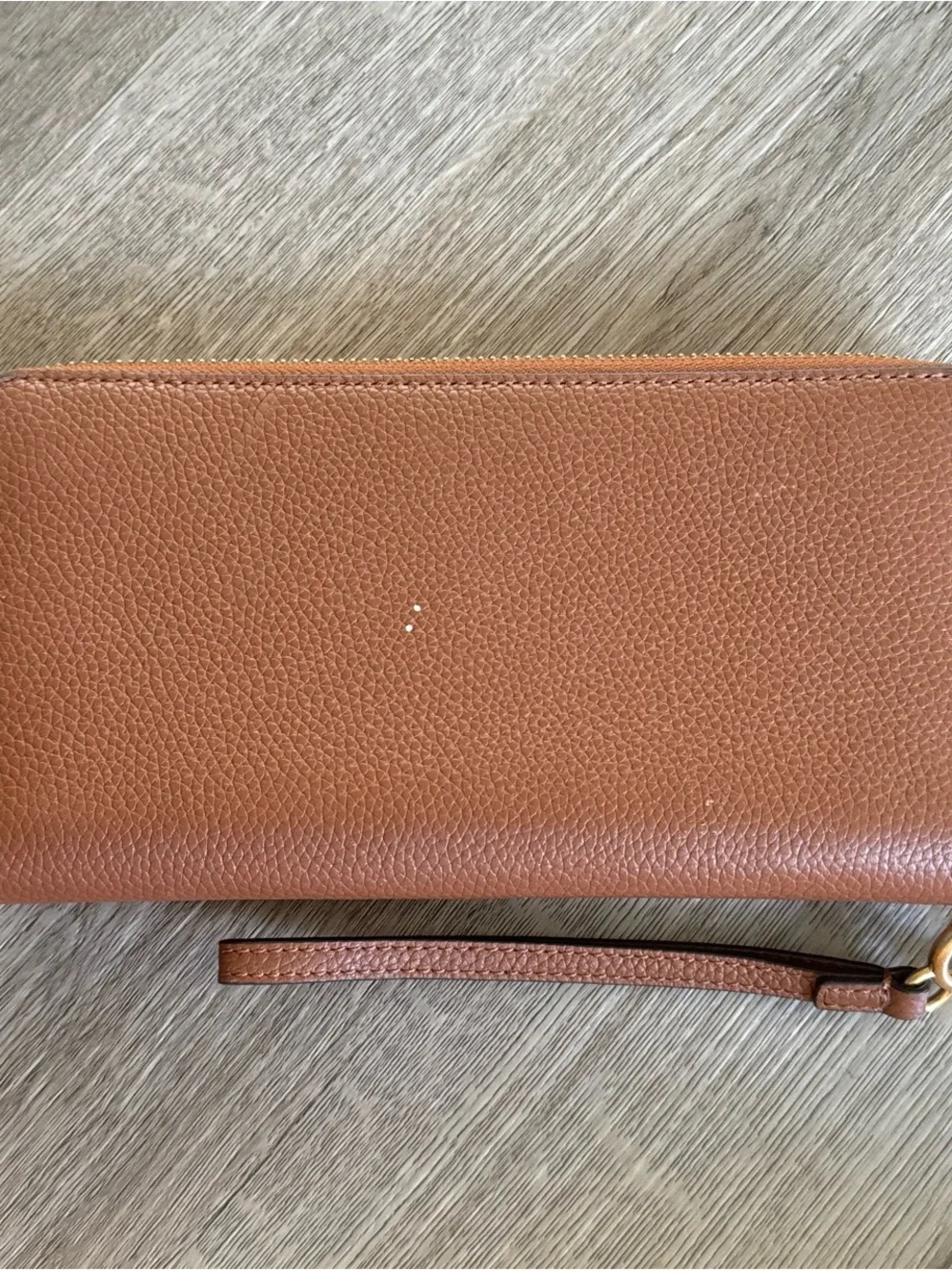 Tory Burch Tan Pebbled Leather Zip Wristlet with Gold Logo